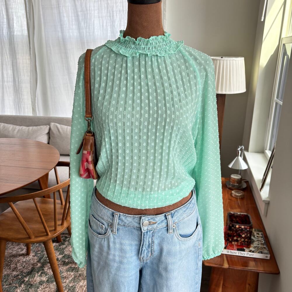 Story On Mint Polka Dot Pleated Long Sleeve Blouse Summer Top Semi Sheer Medium